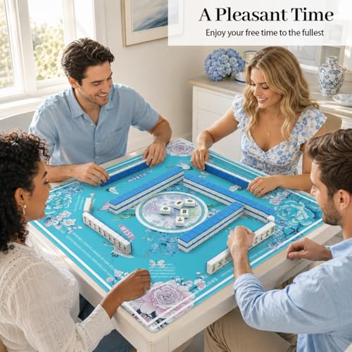 Blue Mahjong Mat for Table, American Mahjong Mat with Rules, 31.5''x31.5'' | Non-Slip & Noise Reduction Mah Jongg Gift with Carrying Bag for Poker, Board Games, Dominoes, Cards & Tile Games - color: Lake Blue