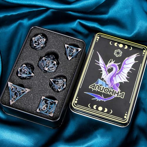 ARUOHHA Hollow DND Metal Dice Set Black Blue Dragons D and D Dice with Gift Box, Role Playing Games Dungeons Polyhedral Dice D20 D12 D10 D8 D6 D4 - color: Black Blue-01