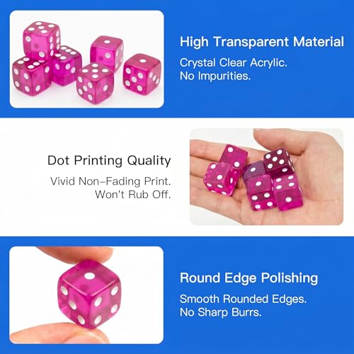 12 Piece 19 mm Casino Style Dice Set, Acrylic Translucent D6 Dice with Square Rounded Edge, Rose Red for Craps, Table Games, Board Games, RPG, MTG, DND(Rose red) - color: Rose Red