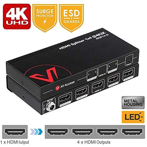 4K HDMI Splitter 1 in 4 Out 1080p 3D, PCM7.1, Dolby TrueHD, DTS-HD Master Audio, Auto EDID, Threaded Power Supply, with Built-in ESD Protection (One Input Four Output) AV Access HDMI Distributor 1x4