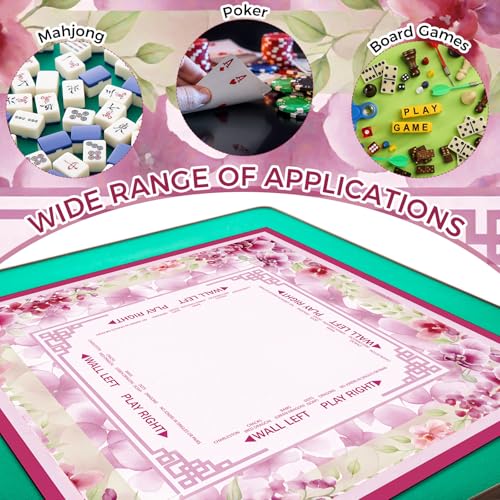 Flower Mahjong Mat with Rules 31.5" x 31.5" Non-Slip Noise Reduction Gaming Mat with Carrying Bag American Mahjong Table Cover for Poker Board Card Games Dominoes(Pink) - style: Pink