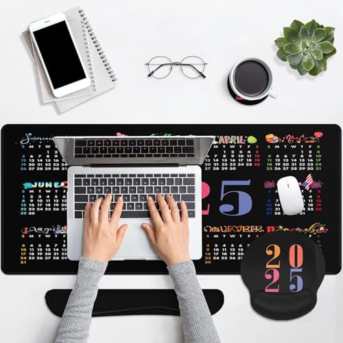Arttown Keyboard Mouse Pad Set, 4 in 1 Desk Mat Set Calendar 2025 | Black Month Day Large Mousepad+Keyboard Wrist Rest+Mouse Wrist Rest+Coaster Ergonomic Design for Home Office Computer - color: Calendar 2025 Year