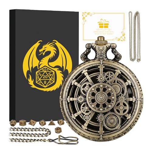 Mini DND Dice Set with Steampunk Hollow Gear Pocket Watch Shell Case, 7pcs Polyhedral Metal D&D Dice, DND Gifts with Gift Box for DND Fans, Role Playing Board Games Accessories - color: Bronze