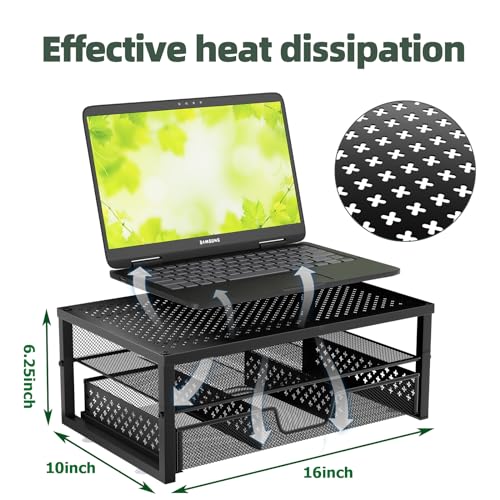 Simple Trending Metal Monitor Stand Riser and Computer Desk Organizer with Drawer for Laptop, Computer, iMac, Black | 16"W x 10"D x 6.25"H. Sturdy Metal Frame. 2-tier + drawer. Holds 66 lbs. Anti-slip. Fits laptop, monitor, iMac. Easy assembly