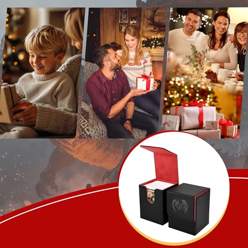 UAONO Card Deck Box for Yugioh MTG, 100+ Deck Case with 2 Dividers, PU Leather Storage Box, Compatible with Collectible Trading Cards (Black & Red, Sky Dragon) - color: A-Black&Red