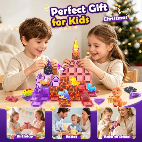 Mini Magnetic Tiles Dinosaur Volcano Set, Magnetic Blocks with 6 Dinosaurs | Road Trip Essentials for Car & Airplane Magnet Tiles STEM Construction Building Toys, Gifts & Toys for Boys Girls Ages 3-12 - size: Dinosaur Set