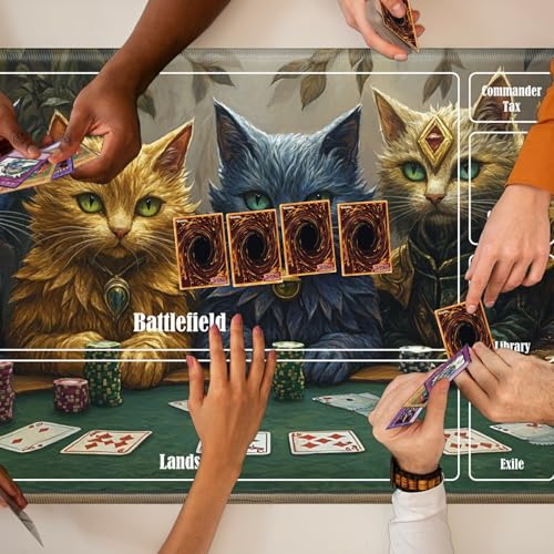 MTG Playmat with Zones, TCG Card Game Play Mat with Stitched Edges, Non-Slip Rubber Base Gaming Desk Mat, Smooth Surface 24 x 14 Inch, Cats Play Poker - color: Cats Play Poker, size: Zone 1