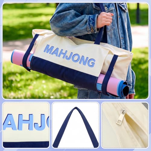 Abbylike 28x9 Inches Mahjong Bag for Rolled Mat Tiles Racks Pushers Accessories Empty Mahjong Tote Bag with Zipper Closure Outer Pockets Lining Large Capacity(Beige&Navy Blue,Canvas) - color: Beige&navy Blue