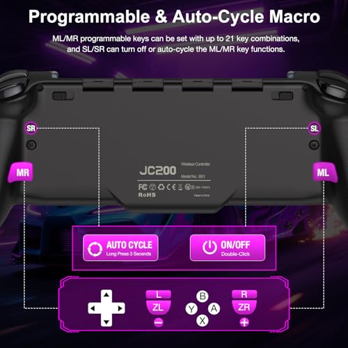 Spican Switch Controllers for Nintendo Switch/Switch OLED, Hall Effect Switch Wireless Pro Controller One-Piece Joypad, Full-Size Handheld Mode Controller with 17 RGB Light/Battery/Turbo/Macro/4 Game Slot - color: Black-Lightning Pattern, size: 6.2"/7"