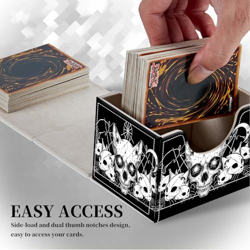 Card Deck Box for MTG,Commander,YuGiOh,Portable 100+ Card Storage Box,Magnetic Closure Durable Leather Trading Card Protector Case for TCG CCG Players & Collectors- Vector Cat Skulls