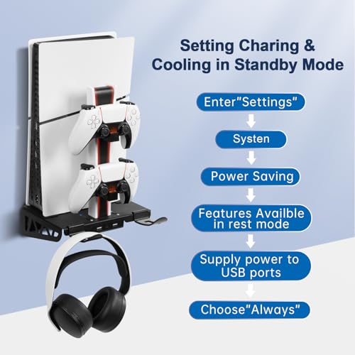 WishJazz PS5/Slim/Pro Wall Mount Kit with Cooling Fan & Charging Station, PS5 Shelf Wall Mount Accessories, Steel Wall Stand with Dual Controller Charger, Headset Hanger for All PS5 Versions