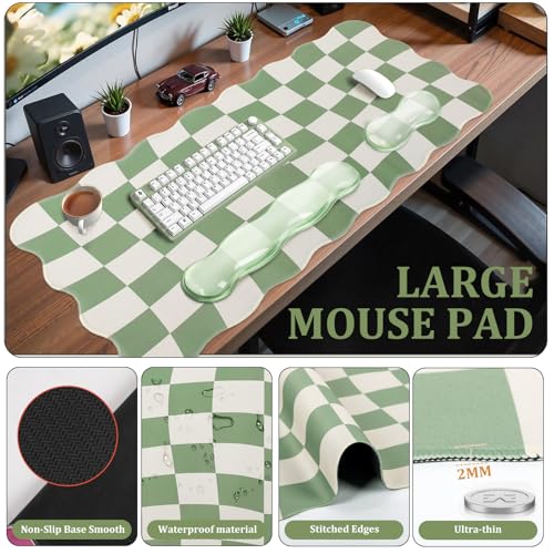 L-SPOUTTO Green Checkered Mouse Pad Set,Scalloped XXL Desk Mat + Ergonomic Mouse Wrist Rest + Gel Keyboard Wrist Rest for Keyboard 65%/75%,3in1 Large Desk Pad for Desktop Home Office Computer Game - color: Green Checkered