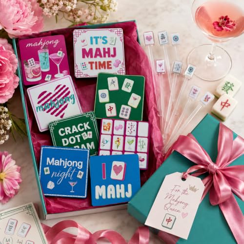 Mahjong Coasters and Drink Stirrers Set, 16-Piece Mahjong Accessories with 8 Square 4-Inch Coasters and 8 Acrylic Cocktail Swizzle Sticks, Gifts for Women and Game Night.