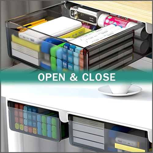 SVNNELP Under Desk Table Drawer Storage Organizer Slide Out, Attachable Hidden Self-Adhesive Under Desk Pencil Tray Drawer for Office/Classroom/Home (Clear Black/M) - size: M