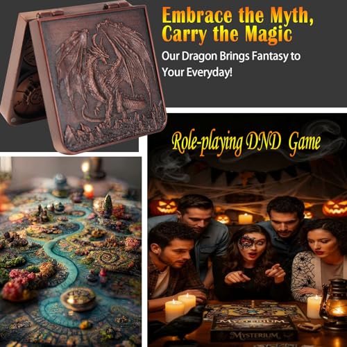Metal DND Dice Set 7-in-1 D4-D20 3D Dragon Case Leather Bag Copper | 7 in 1 metal polyhedral dice. D4-D20 dnd spinner. 3D dragon case. Leather storage bag. Zinc alloy. DND RPG TTRPG gift. - color: Ancient Coper