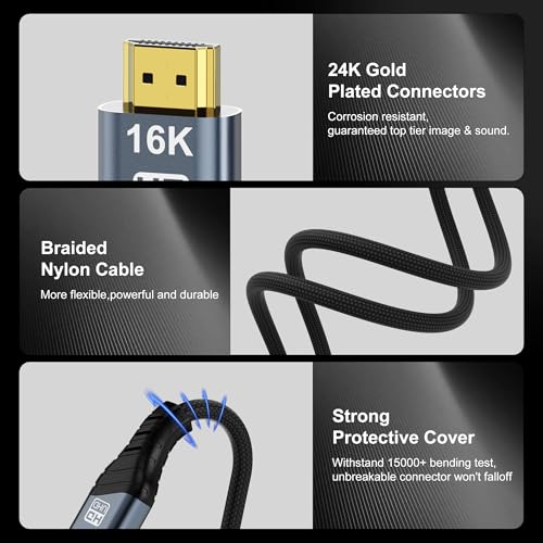 8K 10K 16K HDMI 2.2 5M 16.5FT Cable High Speed 96Gbps 12Bit 16K@60Hz 8K@240Hz 4K@480Hz Braided Gold Plated UHD HDR Support HDCP 3D Video Connection Compatible with PS5 Monitor TV - size: 5m 16.5ft