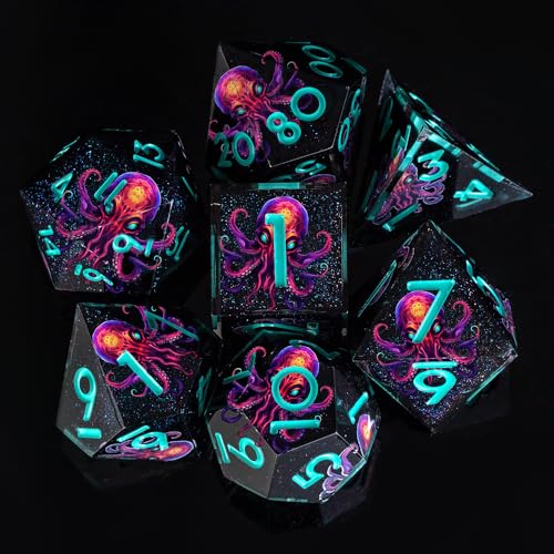 Cthulhu DND Double Layered Resin Dice Set, 7Pcs Sharp Edge D&D Dice for Dungeons and Dragons RPG MTG D and D Role Playing Playing Tabletop Games D20 D12 D10 D8 D6 D4 Starry Black - color: Cthulhu Blue