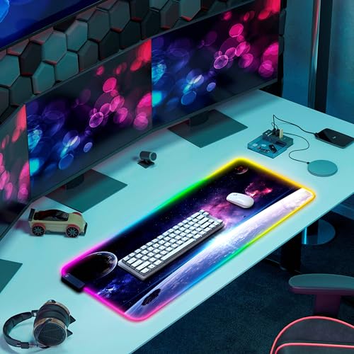 Gerlos RGB Gaming Mouse Pad, Large LED Desk Mat, 31.5 x 11.8 Inch | 12 light modes, non-slip base, water-resistant surface, stitched edges - color: Space