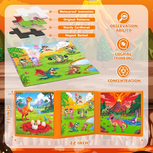3 in 1 Magnetic Dinosaur Puzzles for Kids Ages 3-5, 3x20 Pieces Puzzles for Toddlers 4-6, Car Airplane Road Trip Activities Magnet Games Toys for 3 4 5 6 Year Old Boys - style: Dinosaurs 60Pcs