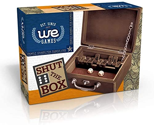 WE Games Shut the Box Dice Game - Classic Table Top Board Game for Adults and Families, Old World Wooden Box, 8.75 in. Travel Size, Walnut Stained Wood, 9 Numbers