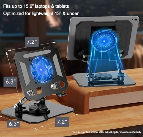 Black Cooling Stand for iPad & Small Laptops up to 13" – Turbo Fan, Adjustable Height & 360° Rotation | NOT for 15.6"–17" or Gaming Laptops | MacBook Air, Surface Pro, iPad Pro