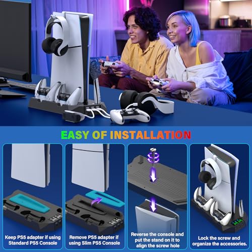 PS5/Slim/Pro Cooling Station with Controller Charging Station for PlayStation 5 Slim/Pro Console, PS5 Cooling Stand Cooler Accessories Incl Cooling Fan, 3 USB Hubs, Headset Holder, Screw - Black - color: Black