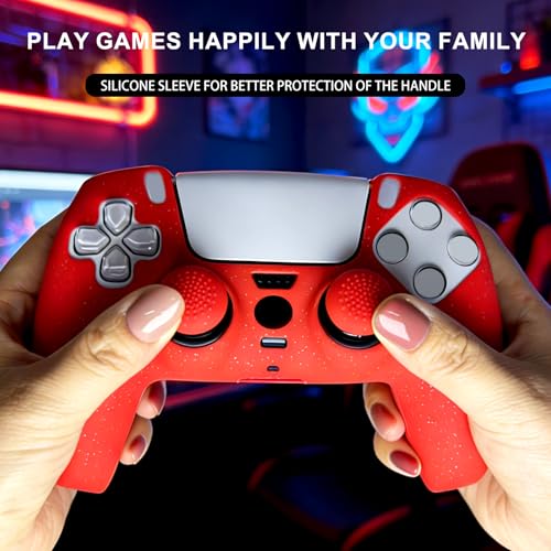 Red Glitter Silicone Protective Case for PS5 Controller, Sparkly Bling Soft Cover Skins, Includes 8-in-1 Glitter Thumb Grip Caps + 2 Cat Paw Caps – Shockproof Dustproof Anti-Slip - color: Red