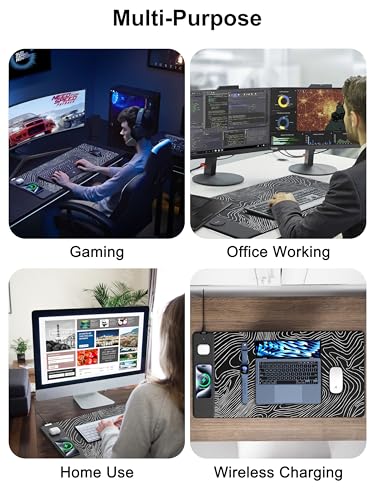 TopMade Mouse Pad with 15W Fast Wireless Charging, 31.5"x15.75" XXL Large Gaming Waterproof Desk Pad with Ultra-Smooth Surface, Non-Slip Base, Computer Desk Mat, Black Topographic Map #1 - color: Black Topographic Map #1