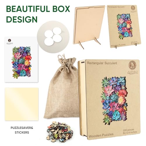 Delobil Rectangular Succulent Wooden Puzzles, 200 Pieces Jigsaw Puzzles 12.6'' x8'', Unique Design Wooden Puzzles for Adults and Kids, Family Game Gift - color: Rectangular Succulent, size: 200Pcs