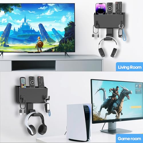 Kytok Adhesive Remote Control Holder Wall Mount with Headset Hanger, 3 in 1 Organizer TV/Fan Remote Caddy with Hook for Headphone, No Drill Controller Storage Bracket, Bed Wall Rack
