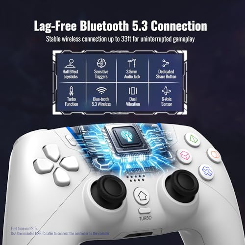 BETMI Wireless Controller for PS-5/Pro/Slim/PC with Hall Joysticks (White) | Bluetooth Gaming Controller with LED Channel Light/Turbo/6-Axis Gyro/Dual Vibration/Touchpad/3.5mm TRRS Audio Jack/Speaker