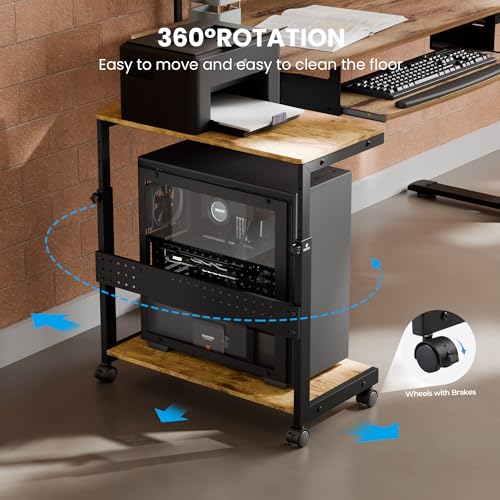 EUREKA ERGONOMIC PC Stand Computer Cart, Height Adjustable Tower Stand 2-Tier Suit for ATX Case Printer, Metal Rolling Cart on Wheels for Gaming Home Office, Antique Wood - color: Antique Wood