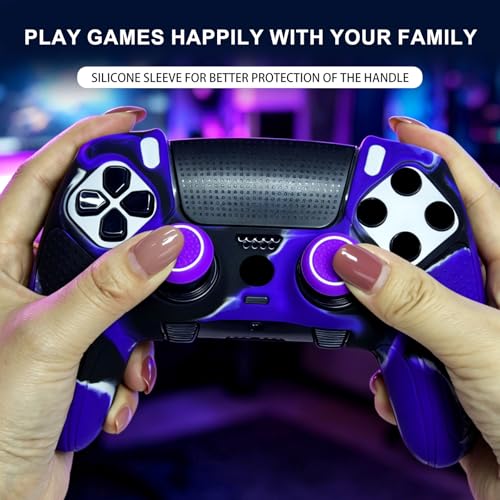 Purple Black Anti-Slip Controller Skin,Studded Edition Protective Silicone Cover Skin Grips Compatible with ps5 dualsense Edge and 6 PCS Thumb Grips Caps. - color: Purple Black