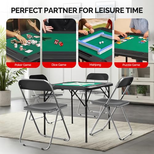 PEXMOR 34" Foldable Mahjong Table Portable, 4 Player Card Game Table w/Cup Holders & Chip Grooves, Tabletop Foldable, Poker Board Game Domino Table for Blackjack, Texas Hold'em (Black) - color: Black