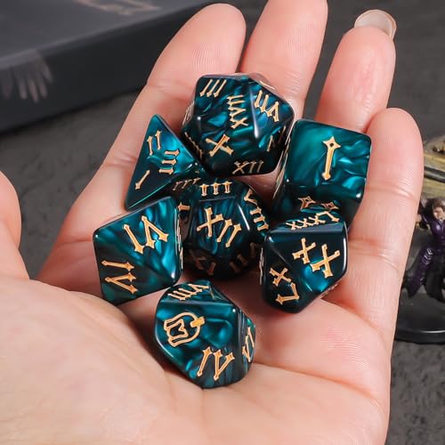 CiaraQ 7pcs Polyhedral Dice Set for Dungeon and Dragons MTG Table Games | Acrylic Role Playing Dice for D&D with Black Velvet Bag β Deep Teal Pearl with Gold Roman Numerals - color: Deep Teal Pearl Finish With Gold Roman Numerals