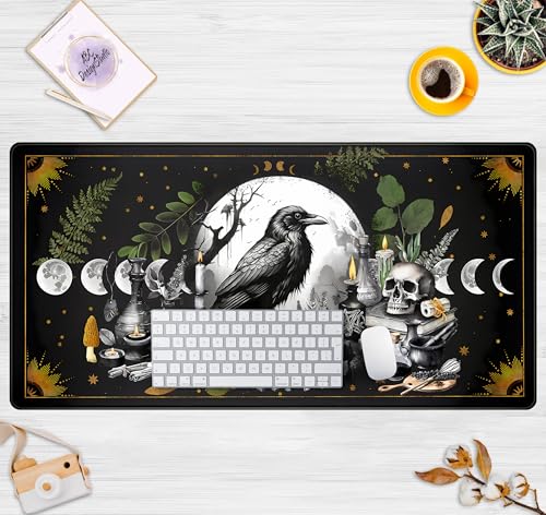 Cute Kawaii Raven Desk Mat XXL Large Extended Gaming Mouse Pad Nature Forest Gothic Mousepad with Stitched Edges, Anime Skull Laptop Keyboard and Mouse Mat Desk Pad for Work Game 31.5x15.7 in - color: Anime Black Crow