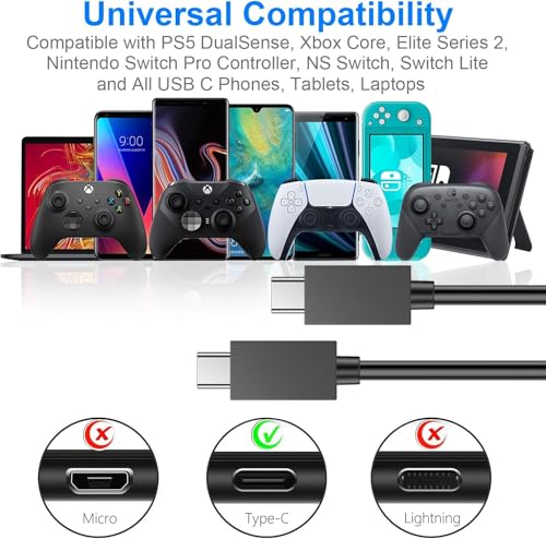 PS5 Controller Charger โ 2 Pack 5FT OEM Original 3A Fast Charging Cable USB C to USB C Data Cord Wire Accessories for Playstation 5 DualSense, Xbox Series S X Core, Elite Series 2, Switch Controller
