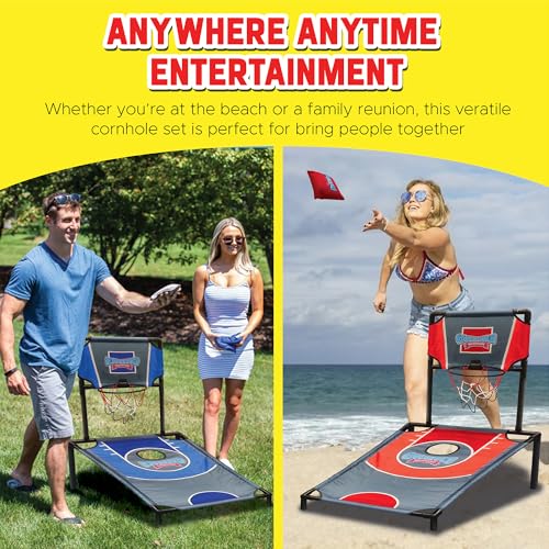 Sports Basketball Net Cornhole Board Set, Basketball & Cornhole in One, Includes 8 Red/Blue Bean Bags, Convenient Carrying Case, Tailgating Fun