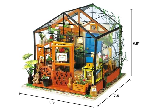 Rolife Greenhouse DIY Miniature Dollhouse Kit Creative Gift for Adults | 1:18 Scale Cathy's Flower House with LED Light, Wooden 3D Puzzle Model Kit, Diorama Craft Set for Home Decor Display