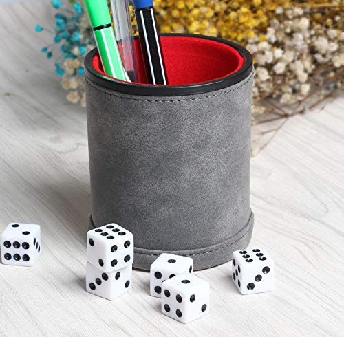 Leatherette Dice Cup Set with 6 Dices, Felt Lining Inside Quiet for Playing Liars Dice Farkle Board Games - color: Grey