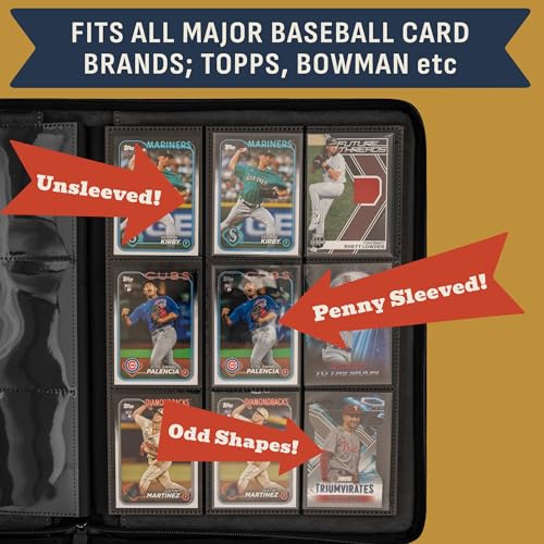 Baseball Card Binder - Stunning 3D Raised & Hand Colorwashed PU Leather Binder - 9 Pocket Album w Zipper - 360 Side Loading Sleeves Book for Baseball Trading Cards - Works with Topps, Bowman, Panini.. - color: Iconic Design