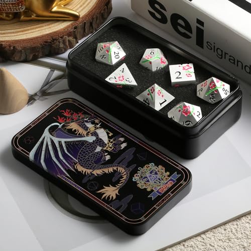 Metal DND Dice, DNDND 7 PCS Glow in The Dark Metallic D&D Dice Set with Gorgeous Gift Case for Dungeons and Dragon Tabletop Game (Glow in The Dark Pink) - color: Flower Glow Pink