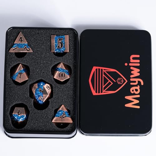 Metal DND Polyhedral Dice,Large Stripe Glitter Metallic Dice Set,Antique Silver Dice 7pcs Set for Role Playing Games(Antique Copper Blue) - color: Antique Copper Blue