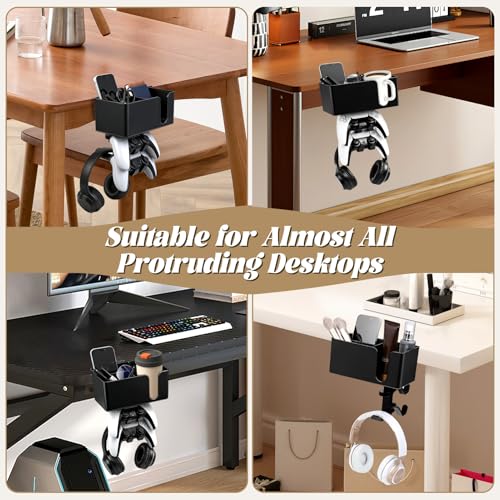 5 in 1 Controller Holder - Desk Cup Holder and Headphone Hanger, Rotatable Under Desk Clamp Organizer Dual Gamepad Headset Stand Gaming Desks Accessories for Xbox, PS4, PS5, PC, Switch