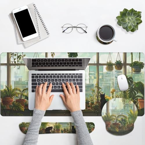 Britimes Cute Cat Keyboard Mouse Pad Set Green Plants 4in1 Large Mousepad+Keyboard Wrist Rest+Mouse Wrist Rest+Coaster Ergonomic Design for Home Office Computer 35.4x15.7 inches - color: Black Cat
