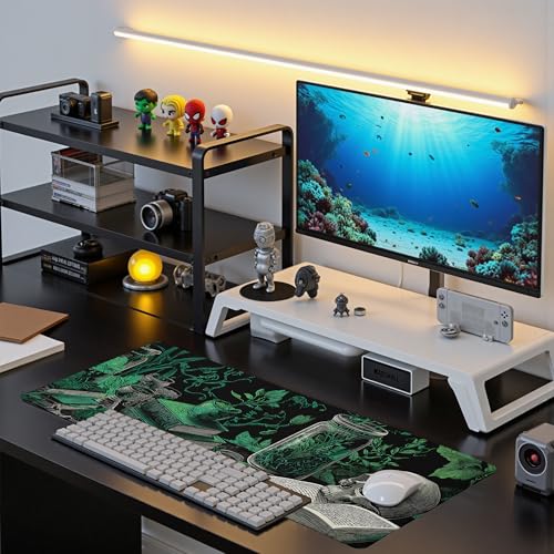 Dark Academia Gaming Mouse Pad Abstract Black Mouse Pad 31.5x11.8 Inch Mystical Green Plant Texture Non-Slip Rubber Base Large Mousepad Stitched Edges Keyboard Mouse Mat Desk Pad for Office and Home - color: Dark Academia