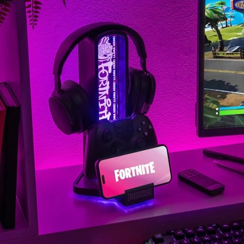 Paladone Fortnite 3-in-1 Headphone Stand and Tech Charging Station with Console Controller Cradle and 2 USB-C Ports, RGB Colour Changing Light Panel, Officially Licensed Gift for Gamers