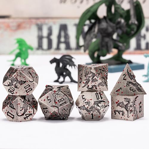 Metallic DND Dragon Dice Set,Metal Sharp Edge Polyhedral Dice with Dragon for Dungeons and Dragons RPG TTRPG D&D 7-Die Set with Gift Case - color: Dragon-ancient Nickel Bloodstain