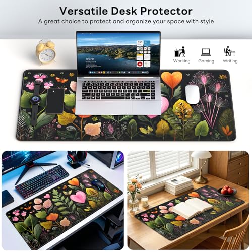 Large Gaming Mouse Pad, XL Desk Protector, Non-Slip Base | 31.5x15.7 in Extended Desk Mat with Stitched Edges for Keyboard, Work, Game, Office, Home PC and Laptop - color: Heart Flowers