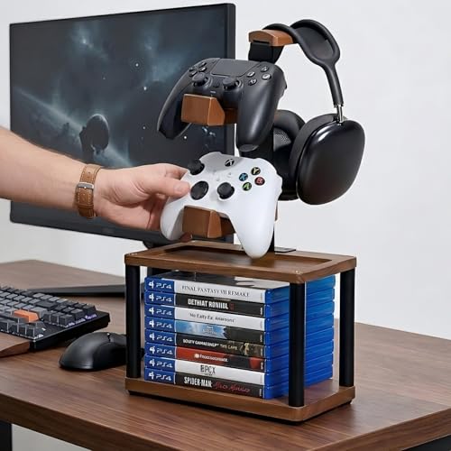 Solid Wood Headphone Stand & Controller Holder with Video Game Storage Base | 4-in-1 Gaming Equipment Accessories for Xbox one/PS5/PS4 Controller - Save Desk Space for Gamer Room and Decor Gift for Men